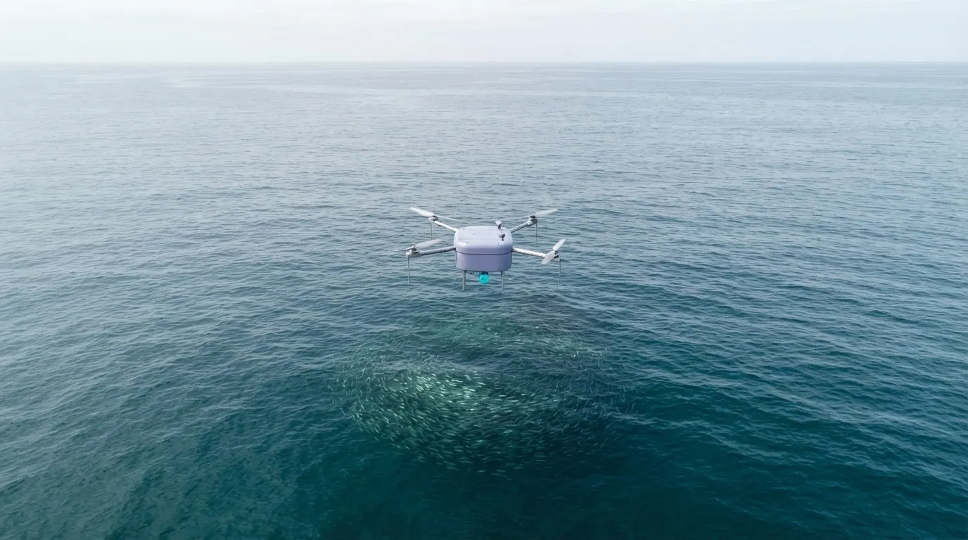 The Birdview drone hovering low over open water, a herring school shimmering beneath the surface