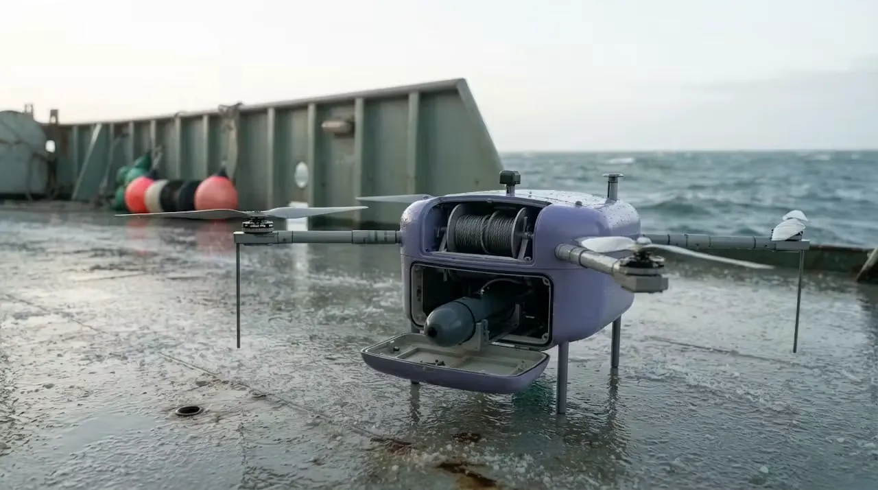 NJORD on a wet vessel deck in rough weather, payload bay open showing the sonar probe and winch